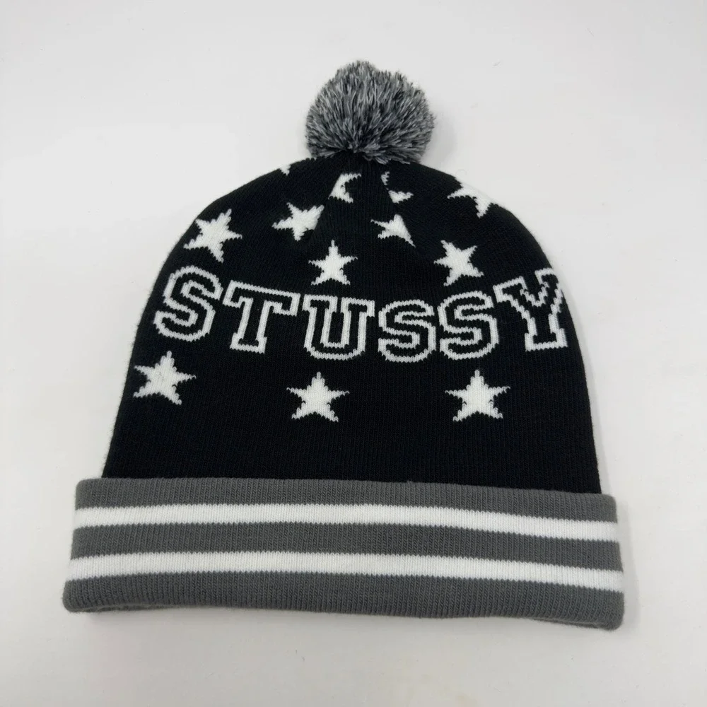 Stussy Star Pattern Knit Pom Cuffed Beanie Black Grey White Unisex OSFM EUC